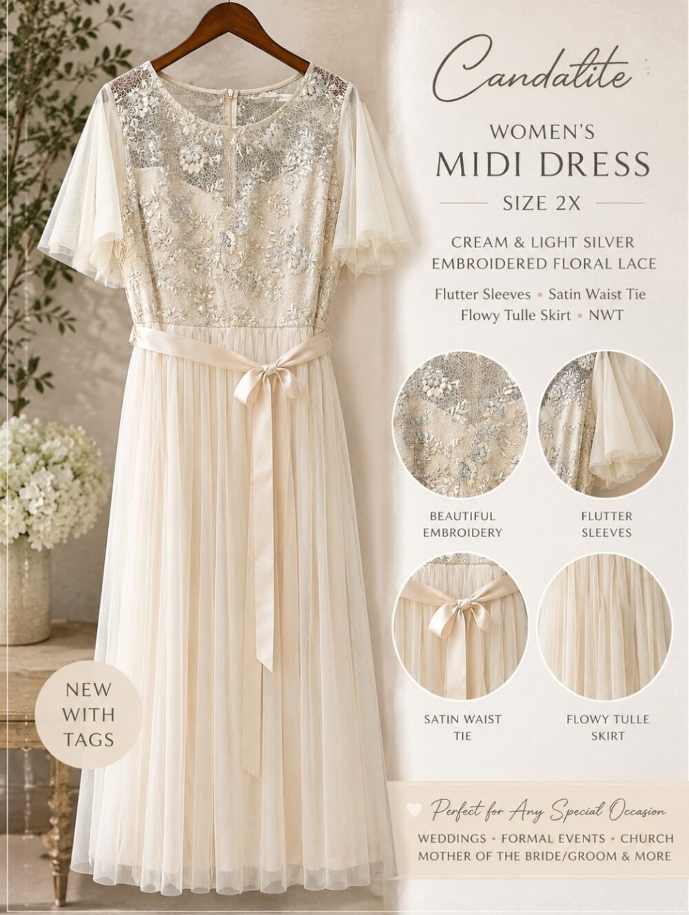 Women's Embroidered Tulle Midi Dress | 2X | Cream & Silver Flutter Sleeve NWT